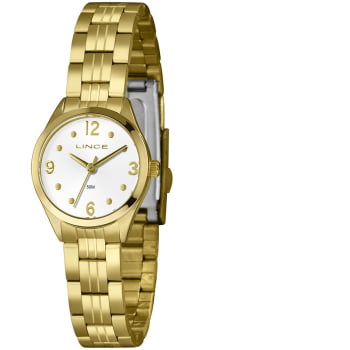 Kit Relógio Lince Feminino Analógico Dourado branco Presente a Prova D'água LRGH179L25