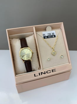 Kit Relógio Lince Feminino Couro Dourado Minimalista Pequeno á Prova D'água LRCH170L25