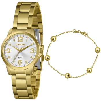Kit Relógio Lince Feminino Dourado com Numeração Completa Visor Prata Minimalista Á Prova d'água LRG4847L32 Kit Relógio Lince Feminino Dourado com Numeração Completa Visor Prata Minimalista Á Prova d'água LRG4847L32