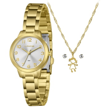 Kit Relógio Lince Feminino Dourado com Numeração Completa Visor Prata Minimalista Á Prova d'água LRG4848L30 Kit Relógio Lince Feminino Dourado com Numeração Completa Visor Prata Minimalista Á Prova d'água LRG4848L30