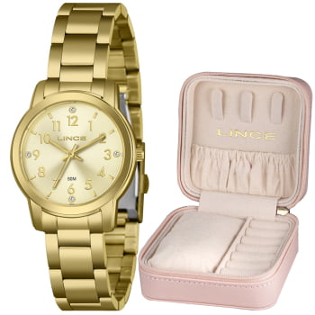 Kit Relógio Lince Feminino Dourado Com Porta-joias Visor Champanhe Á Prova D'água LRG4852L34