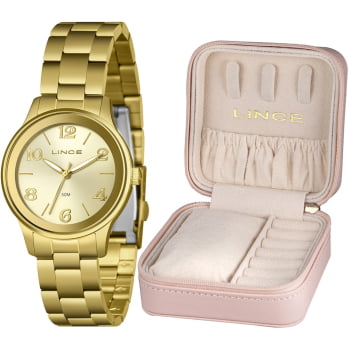 Kit Relógio Lince Feminino Dourado Com Porta-joias Visor Champanhe Á Prova D'água LRGH230L34