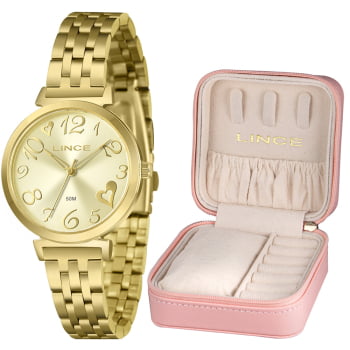 Kit Relógio Lince Feminino Dourado Com Porta-joias Visor Champanhe Á Prova D'água LRGM045L34