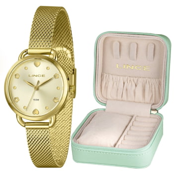 Kit Relógio Lince Feminino Dourado Com Porta-joias Visor Champanhe Pulseira Milanese Á Prova D'água LRGH225L32