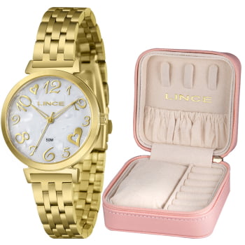 Kit Relógio Lince Feminino Dourado Com Porta-joias Visor Madrepérola Á Prova D'água LRGM045L34