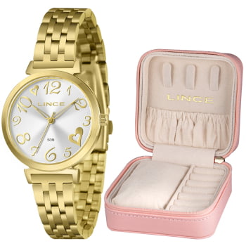 Kit Relógio Lince Feminino Dourado Com Porta-joias Visor Prata Á Prova D'água LRGM045L34