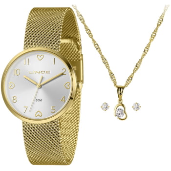 Kit Relógio Lince Feminino Dourado Mostrador Prata Pulseira Milanese Á Prova D'água LRGH209L36