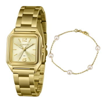 Kit Relógio Lince Feminino Dourado Quadrado Visor Dourado Minimalista LQGM060L30 Kit Relógio Lince Feminino Dourado Quadrado Visor Dourado Minimalista LQGM060L30