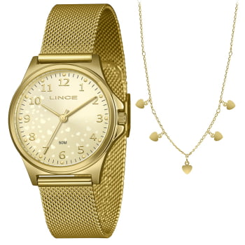 Kit Relógio Lince Feminino Dourado Todo Numerado Visor Champanhe com Coração Pulseira Milanesa Á Prova d'água LRG4846L36 Kit Relógio Lince Feminino Dourado Todo Numerado Visor Champanhe com Coração Pulseira Milanesa Á Prova d'água LRG4846L36