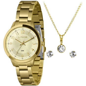 Kit Relógio Lince Feminino Dourado Todo Numerado Visor Champanhe com Cristais Á Prova d'água LRG4788L38