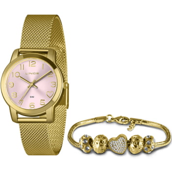 Kit Relógio Lince Feminino Dourado Todo Numerado Visor Rose com Pulseira Milanesa Á Prova D'água LRG4783L34