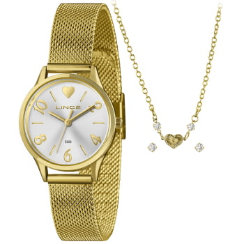 Kit Relógio Lince Feminino Dourado Visor Prata com Pulseira Milanesa Á Prova D'água LRGH242L30
