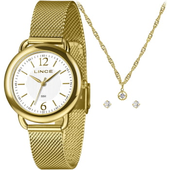 Kit Relógio Lince Feminino Dourado Visor Branco com Pulseira Milanesa Á prova D'água LRGM020L36 Kit Relógio Lince Feminino Dourado Visor Branco com Pulseira Milanesa Á prova D'água LRGM020L36