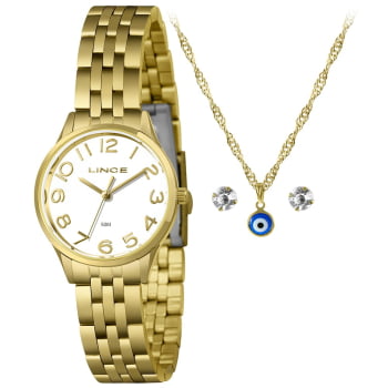 Kit Relógio Lince Feminino Dourado Visor Branco todo Numerado Pequeno Á Prova d'água LRGH196L30