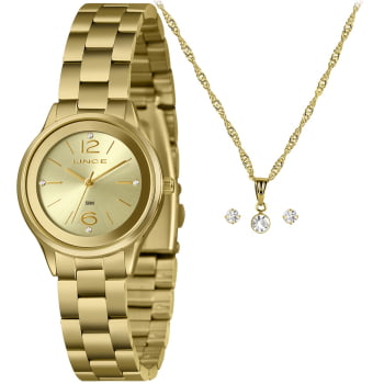 Kit Relógio Lince Feminino Dourado Visor Champanhe Á Prova D'água LRGH003L30