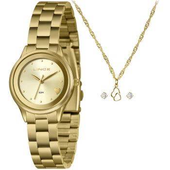 Kit Relógio Lince Feminino Dourado Visor Champanhe Á Prova D'água LRGH010L30