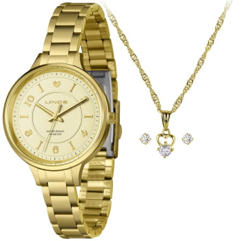 Kit Relógio Lince Feminino Dourado Visor Champanhe com Coração Á Prova d'água LRGH207L38