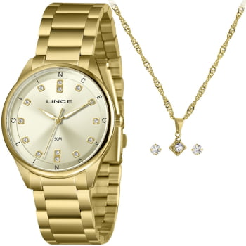 Kit Relógio Lince Feminino Dourado Visor Champanhe com Cristais Á Prova d'água LRGH246L40