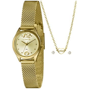Kit Relógio Lince Feminino Dourado Visor Champanhe com Pulseira Milanesa á Prova D'água LRGH005L25