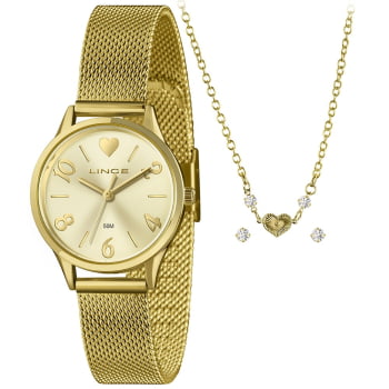 Kit Relógio Lince Feminino Dourado Visor Champanhe com Pulseira Milanesa Á Prova D'água LRGH242L30