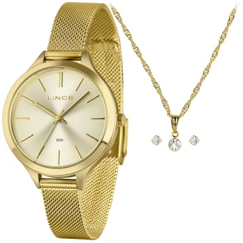 Kit Relógio Lince Feminino Dourado Visor Champanhe com Pulseira Milanesa Á Prova d'água LRGM022L36