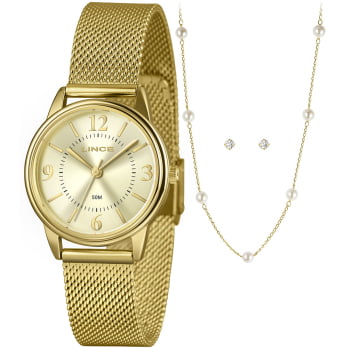 Kit Relógio Lince Feminino Dourado Visor Champanhe com Pulseira Milanesa á Prova D'água LRGM025L32
