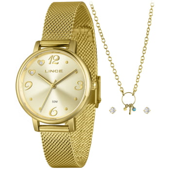 Kit Relógio Lince Feminino Dourado Visor Champanhe com Pulseira Milanesa Á Prova D'água LRGM043L34