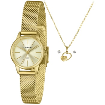 Kit Relógio Lince Feminino Dourado Visor Champanhe com Pulseira Milanesa Á Prova D'água LRGM085L25 Kit Relógio Lince Feminino Dourado Visor Champanhe com Pulseira Milanesa Á Prova D'água LRGM085L25