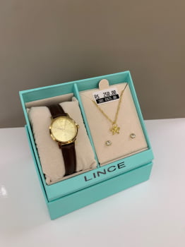 Kit Relógio Lince Feminino Dourado Visor Champanhe Pulseira Marrom em Couro Pequeno Á Prova d'água LRCH236L25