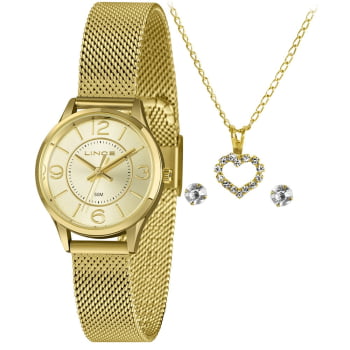Kit Relógio Lince Feminino Dourado Visor Champanhe com Pulseira Milanesa Pequeno Á Prova d'água LRGH197L30 