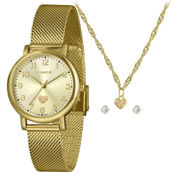 Kit Relógio Lince Feminino Dourado Visor Champanhe Todo Numerado Detalhe Coração com Pulseira Milanesa á Prova D'água LRGM050L34