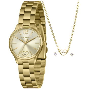 Kit Relógio Lince Feminino Dourado Visor com coração Champanhe Á Prova d'água LRGH243L30