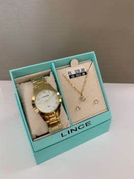 Kit Relógio Lince Feminino Dourado Visor Madrepérola com Numeração Completa Á Prova D'água LRG4844L34