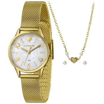 Kit Relógio Lince Feminino Dourado Visor Madrepérola com Pulseira Milanesa Á Prova D'água LRGH242L30