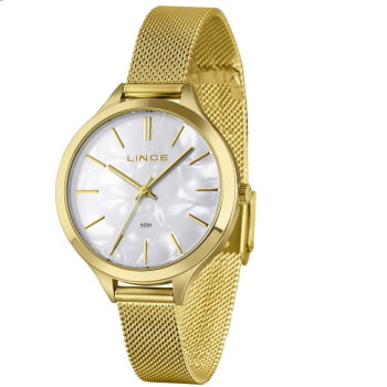 Kit Relógio Lince Feminino Dourado Visor Madrepérola com Pulseira Milanesa Á Prova d'água LRGM022L36