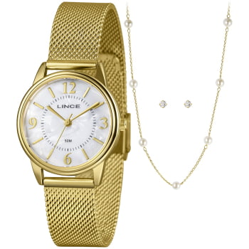 Kit Relógio Lince Feminino Dourado Visor Madrepérola com Pulseira Milanesa á Prova D'água LRGM025L32