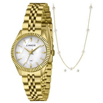 Kit Relógio Lince Feminino Dourado Visor Madrepérola Minimalista Á Prova D'água LRGM064L32 