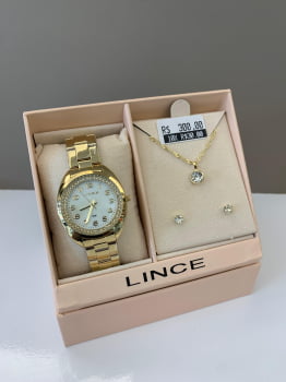 Kit Relógio Lince Feminino Dourado Visor Madrepérola Todo Numerado com Cristais Á Prova d'água LRG4679L