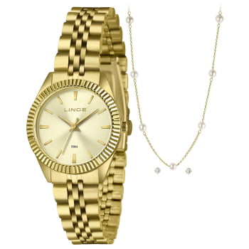 Kit Relógio Lince Feminino Dourado Visor Minimalista Champanhe Á Prova D'água LRGM064L32