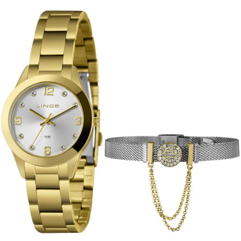 Kit Relógio Lince Feminino Dourado Visor Prata com Cristais Á Prova d'água LRG4785L34