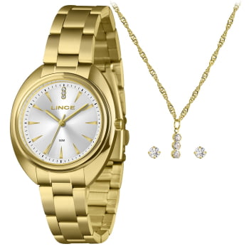 Kit Relógio Lince Feminino Dourado Visor Prata com Cristais Minimalista Á Prova D'água LRGM049L36 Kit Relógio Lince Feminino Dourado Visor Prata com Cristais Minimalista Á Prova D'água LRGM049L36