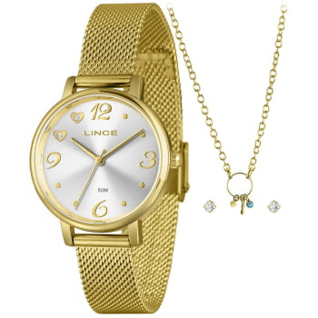 Kit Relógio Lince Feminino Dourado Visor Prata com Pulseira Milanesa Á Prova D'água LRGM043L34