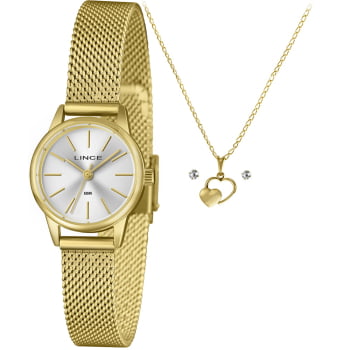 Kit Relógio Lince Feminino Dourado Visor Prata com Pulseira Milanesa Á Prova D'água LRGM085L25
