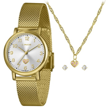 Kit Relógio Lince Feminino Dourado Visor Prata Todo Numerado Detalhe Coração com Pulseira Milanesa á Prova D'água LRGM050L34