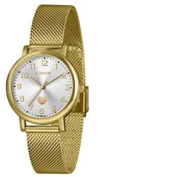 Kit Relógio Lince Feminino Dourado Visor Prata Todo Numerado Detalhe Coração com Pulseira Milanesa á Prova D'água LRGM050L34