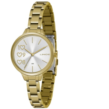 Kit Relógio Lince Feminino Dourado Visor Prata com Corações Á Prova D'água LRG4698L  