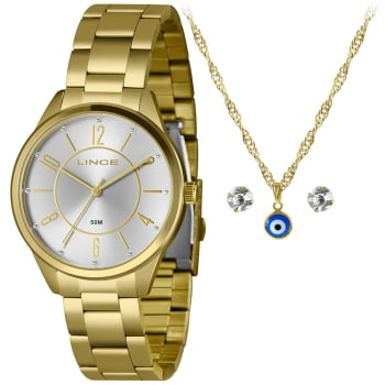 Kit Relógio Lince Feminino Dourado Visor Prateado com Cristais Á Prova d'água LRG4750L40