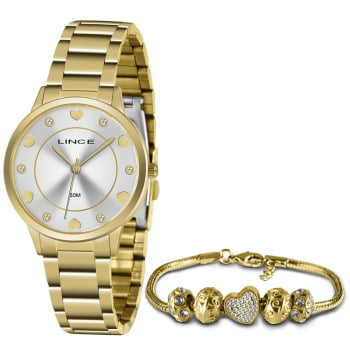 Kit Relógio Lince Feminino Dourado Visor Prateado com Cristais e Corações Á Prova d'água LRGH144L