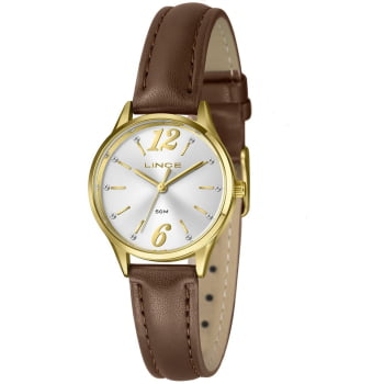Kit Relógio Lince Feminino Dourado Visor Prateado com Cristais Pulseira em Couro Marrom Á Prova d'água LRCH240L30