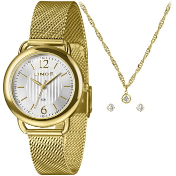 Kit Relógio Lince Feminino Dourado Visor Prateado com Pulseira Milanesa LRGM020L36